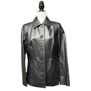 Croft & Barrow Womens Black Leather Button Front Jacket Small Burgundy Lining